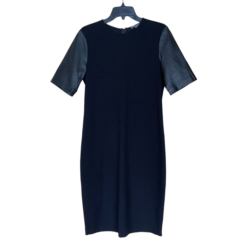 Vince Navy Dress with Leather-Effect Short Sleeves - Picture 4 of 7